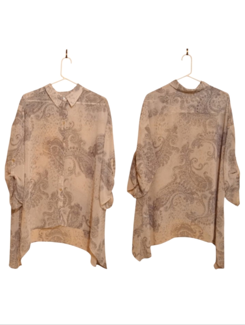 Chico's Women's Cream Gray Paisley Oversized Sheer Button Front Blouse Size 3!